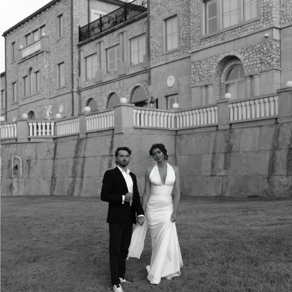 Miss Rosier Elegant White Halter Wedding Dress with Draped Train - Picture 6 of 9